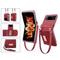 Vietao Red Z Flip 4 3 Rope Leather card slot wallet bag phone case for samsung z flip 4 3 phone cover with lanyard
