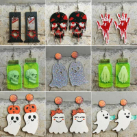 Halloween Ghost Earrings Acrylic Fluorescent Bottle Spider Skull Alien UFO Witch Bloody Guillotine Wood Earrings For Women