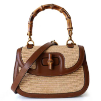 straw bamboo bag summer natural bamboo handle vintage luxury brandy handbags for women