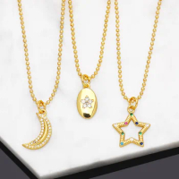Mini Gold Color Moon Star Necklaces for Women Copper Gold Plated Beads Chain Short Necklace CZ Crystal Small Jewelry nkeb503