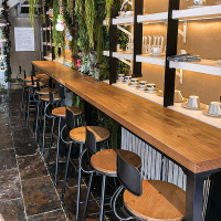 美式實木長條吧臺桌 咖啡廳工業風靠墻高腳桌椅 酒吧鐵藝吧臺桌椅