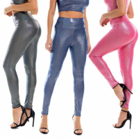 Women Leather Faux Leather Shiny Pants Metallic Leggings Trousers High Waist Female Tight Sexy Tummy Control Disco Dance Costume