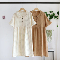 Muslin 100% Cotton Dress For Women 2023 Vintage Polka Dot Turn Dow Collar Short Sleeve Summer Dress Robe Femme éTé