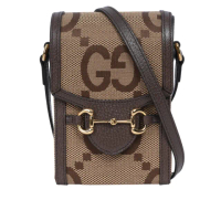 【GUCCI 古馳】Horsebit 1955 Jumbo GG 標誌緹花手機斜背包(棕色)