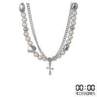 【00:00】個性嘻哈雙層珍珠拼接十字架造型項鍊(雙層項鍊 珍珠項鍊 十字架項鍊)