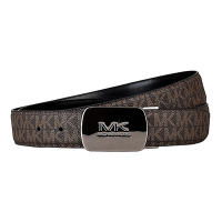 MK MICHAEL KORS金屬壓印LOGO方圓形釦頭設計印花PVC搭配牛皮雙面釦式皮帶(棕x黑)