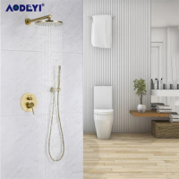 Brushed Gold Solid Brass Bathroom Shower Faucet Rianfall Head Shower Set Wall Mounted Shower Arm Mixer Water Set