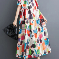 XITAO Fashion Print Stand Collar Short Sleeve Ankle Length Dress Loose Casual Pullover Slimming Elegant Shirt Dress DMJ4103