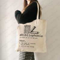Abibliophobia Pattern Tote Bag Canvas Shoulder Bag for Book Lover Reader Gift Women's Reusable Shopping Bags Bookworm Gifts