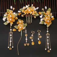 Woman Ladies Yellow Hairpin Decoration , Chinese Style Hanfu Tassel Glaze Hair Accessories Set