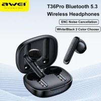 Awei T36Pro ENC Earphone Wireless Headphone Bluetooth 5.3 with Mic ENC Noise Cancellation HiFi True Wireless Earbud 300mAh