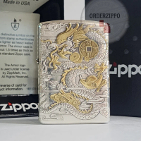 Zippo Original Armor Silver Dragon Gold Coin 2 sisi Silver Plated Japan Finish