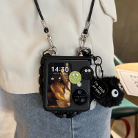 เคสโทรศัพท์, สำหรับ OPPO Find N3 และ N2 FLIP, ความรู้สึกเหมือนเปลือกหลังผิวสีดำ, พร้อมเชือกเส้นเล็กแ