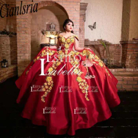 Red Off The Shoulder Mexican Quinceanera Dress Ball Gown Gold Floral Embroidery Corset Vestidos De XV Anos