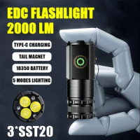 High Power 3 LED Mini LED Flashlight 2000LM SST20 Portable EDC Torch TYPE-C Rechargeable IP68 Camping Lantern with Tail Magnet