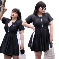 【Want-Meow】100公斤可穿/連身顯瘦有領前拉鍊短裙泳衣/可游泳(中大尺碼泳衣/大碼泳衣/保守泳衣/連身泳衣)