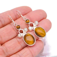 StarGems Natural Tiger Eye&amp;River Pearl Handmade 925 Sterling Silver Earrings 2" F6667