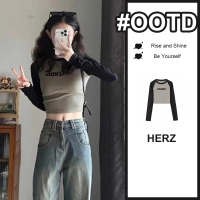 Atasan Lengan Panjang Bermotif Bordir Retro Wanita Gadis Seksi Dengan Kaos Kontras Raglan Crop Top B