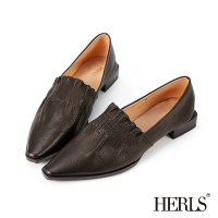 【HERLS】樂福鞋-全真皮時髦立體抓皺尖頭樂福鞋(黑色)