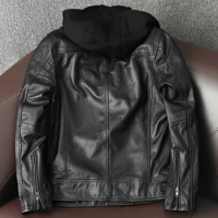 Jacket Cowhide Leather Top Layer 100% Men Remove Hooded Leather Motorcycle Suit Spring and Autumn Black Lapel Flight Jacket