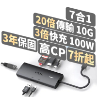 【PX 大通-】7合1Type c HUB集線器type c Hub 10G快充100w瓦hub 4K @60記憶卡網路孔RJ45(CX7-11SR)