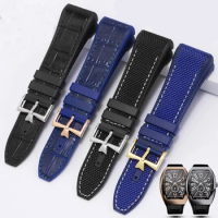 For Franck Muller v45 Black-Blue Yacht Genuine Leather Watch Strap for Men FM Falmulan Needle Buckle Silicone Watch Band 28mm
