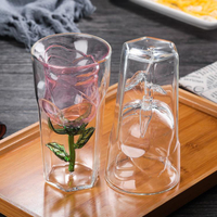 創意玻璃雙層杯 耐高溫玻璃玫瑰花內膽咖啡杯 節日禮品啤酒杯