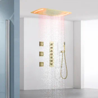 Thermostatic 5 Function Brass Bathroom shower faucet set 710*430mm LED Light Bath Shower set Rain Waterfall shower head set Gold