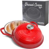 Enameled Cast Iron Bread Pan with Lid, 11” Red Bread Oven Cast Iron Sourdough Baking Pan, Dutch Oven for Bread