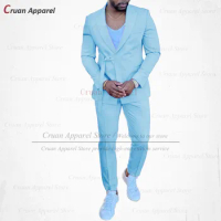 20 Colors Fashion Sky Blue Mens Suit Set Slim Fit Wedding Groom Groomsman Tuxedo Tailor-made Singer Party Gold Jacket Pants 2Pcs