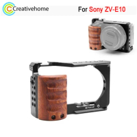 PULUZ Video Camera Cage For Sony ZV-E10 Camera Wood Handle Metal Stabilizer Rig Cage with 1/4 3/8 Inch Screw Holes