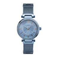 【GUESS】藍面 藍殼 編織+不鏽鋼錶帶 晶鑽腕錶 母親節(W0638L3)