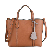 【TORY BURCH】TORY BURCH Perry系列燙金LOGO小牛皮磁釦式手提/斜背托特包(小/淺琥珀棕)