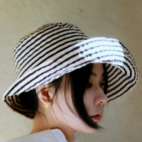 New Film Diary Elegant Line Practical Customization UV CUT Ribbon Black and White Stripe Big Eave Sun Visor Hat Summer