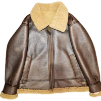 Sheepskin Sherling B3 Flight Suit Coat Vintage Fur Mens Classic Motorcycle Jackets Brown Genuine Leather Men Jacket S - 8XL