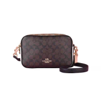 【COACH】COACH☆Jes Crossbody金字LOGO印花PVC牛皮雙拉鍊斜背包(深咖x白x卡其)