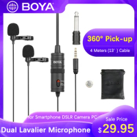 BOYA BY-M1DM Dual Clip-on Lapel Lavalier Mic for iPhone Android Smartphone Canon EOS Nikon Camera Camcorder Audio Recorder PC