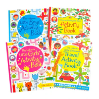 4 Books Usborne Activity work Books in English Children Scene Puzzle Game with Stickers Travel Farmyard Book for Kids