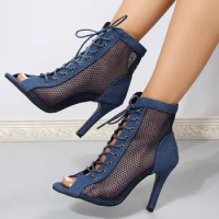 Sandals Hollow Mesh Heels women's Shoes Summer Trend Lace-Up Sexy Peep Toe Boots Stilettos Jazz Dance Female Shoes Plus Size 43