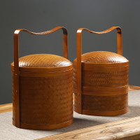 竹編普洱餅盒 手提普洱籃 傳統食盒 提籃多層 中式復古結婚籃子