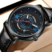 LIGE Fashion Sport Quartz Watch Leather Strap Luxury Creative Skeleton Calendar Gear Design Casual Business Waterproof Man Watch