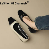 LeShion Of Chanmeb Women Genuine Leather Flats Shoes Brand Chain Two-tone Single Boat Shoes Woman Slip-on Suede Boat Shoes 34-41