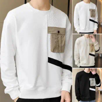 Men Long-sleeved Top Stylish Men's Thick Warm Pullover Patchwork Pocket Round Neck Elastic Cuff Ideal for Fall/winter Fashion