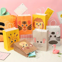Cartoon Jungle Animal Gift Bag Baby Shower Birthday Party Decoration Tote Bag Gift for Guests Lion Tiger Kraft Candy Bag