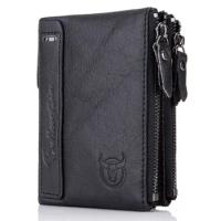 BULLCAPTAIN Wallets 100% Genuine Cow Leather Wallet for Men Vintage Bifold with Double Zipper Pockets High Quality Male Wallet