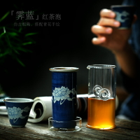尚巖 陶瓷快客杯普洱紅茶泡茶器一壺二杯青花瓷手繪過濾茶壺茶具