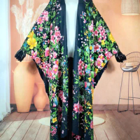 African Popular Silk Printed Boho Summer Sexy lady Loose Kaftan Duster Coat Oversize Kuwait 2023 Long Abaya Kimonos