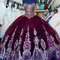 Vestidos De XV Años Red Velvet Quinceanera Dress Sequins Lace Mexican Girls 15 Years Birthday Dress Prom Party Gown 2021
