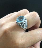 Kusuma Silver Cincin Ring Perak Silver Bali Asli 925 Ukir Karang Jahe Batu Akik Biru Blue Topaz Besar Pria Laki Wanita Keren Elegan Custom