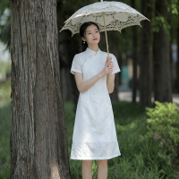 夏季女裝中國風改良式旗袍裙白色修身顯瘦棉短袖中式文藝中長裙